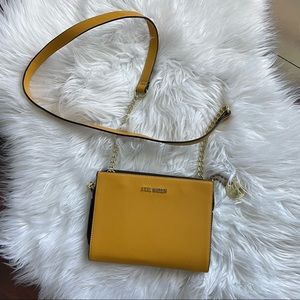 Steve Madden Clutch Crossbody Purse Mustard Yellow Gold Snap and Zipper Closure